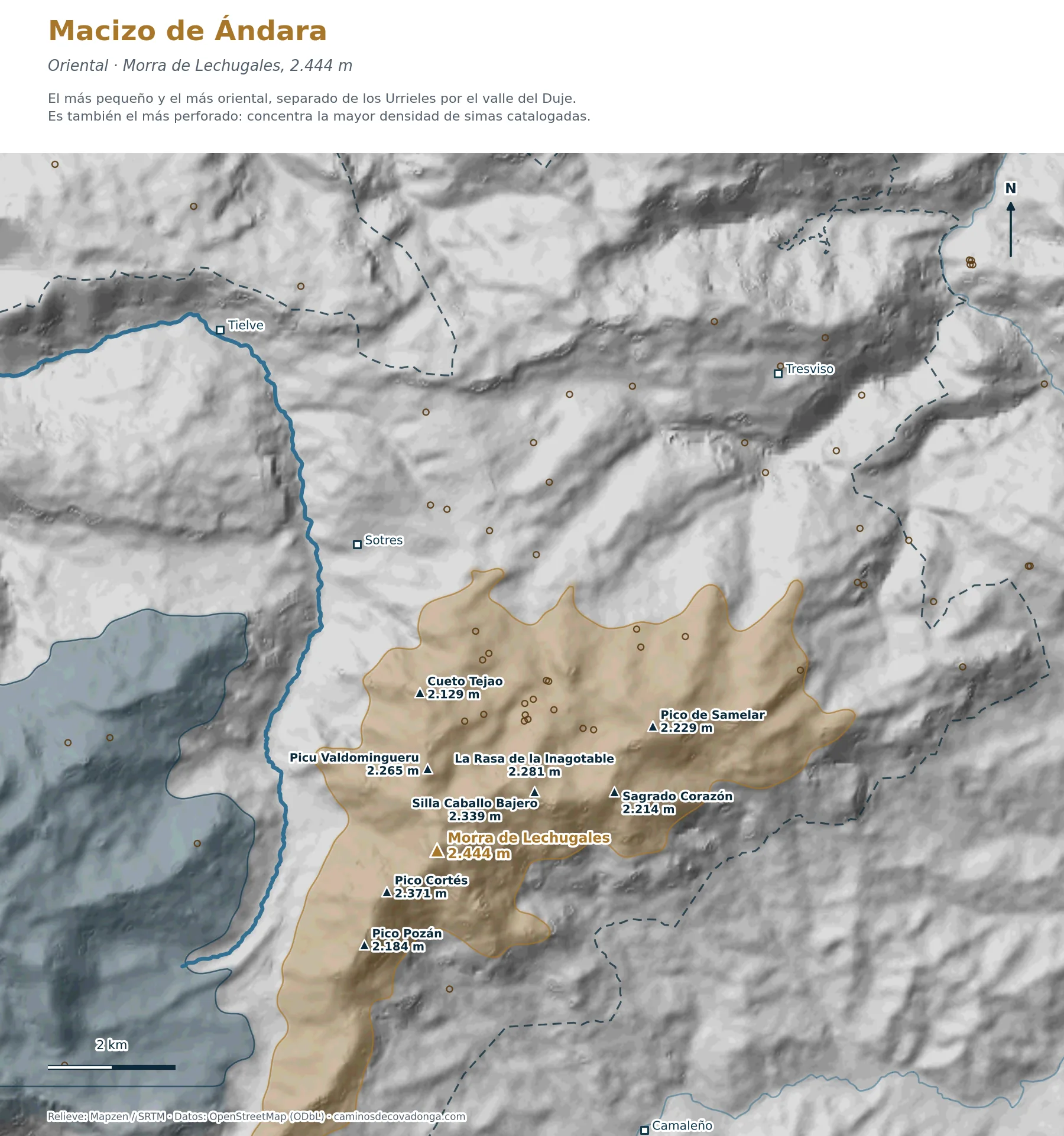 Mapa del macizo oriental de Ándara con la Morra de Lechugales y sus simas