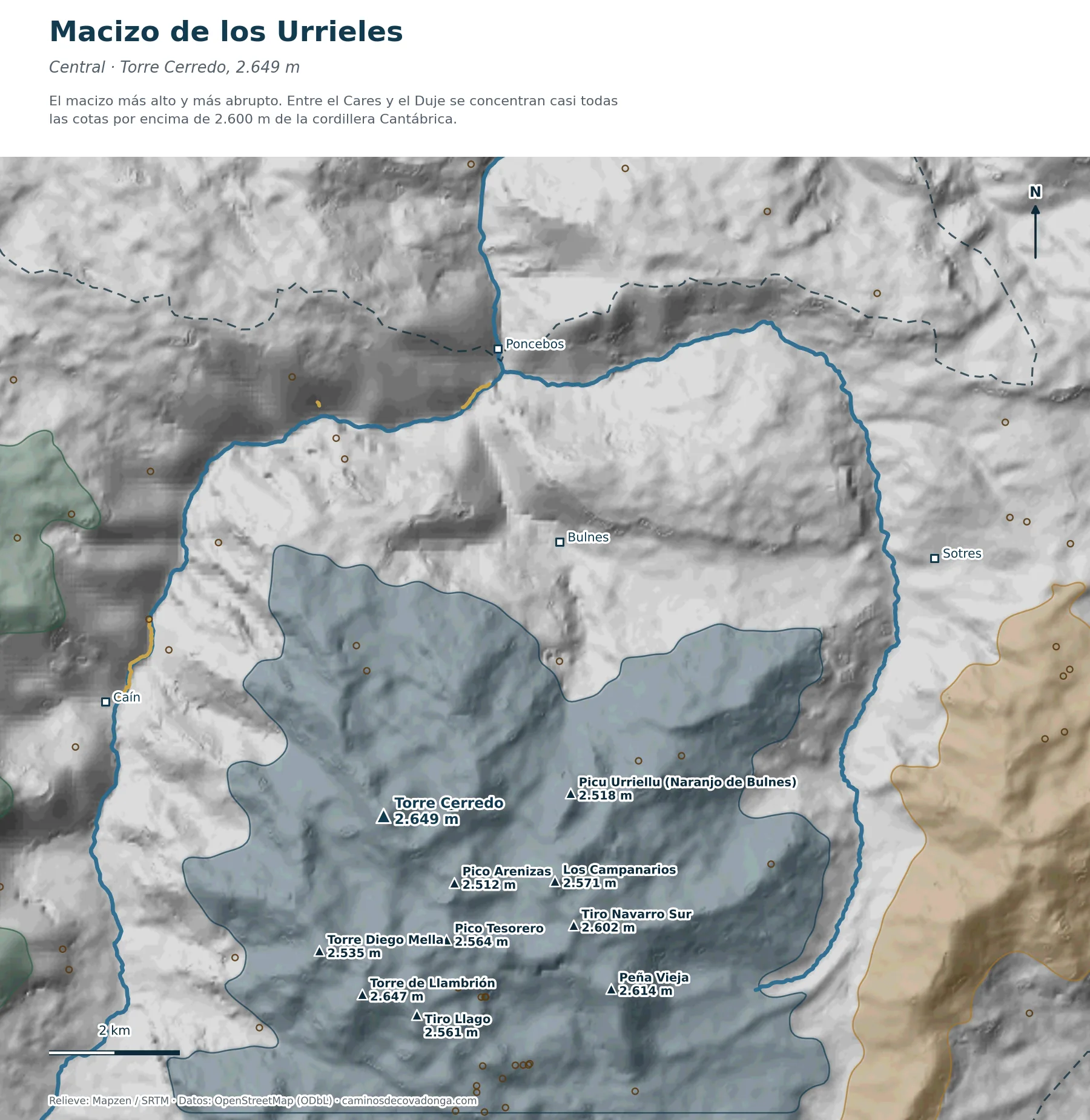 Mapa del macizo central de los Urrieles con Torre Cerredo y el Picu Urriellu