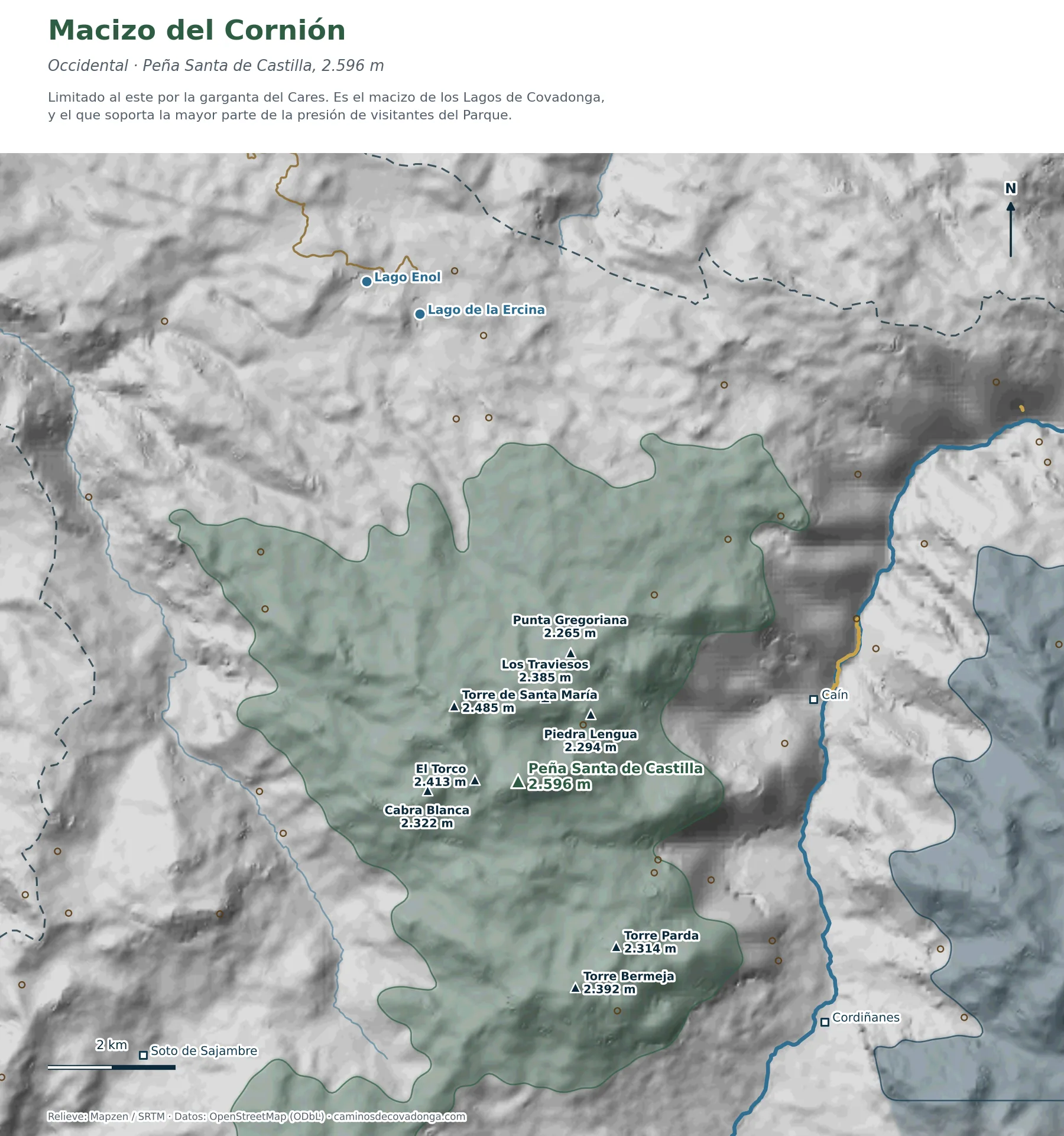 Mapa del macizo del Cornión con Peña Santa de Castilla y los Lagos de Covadonga