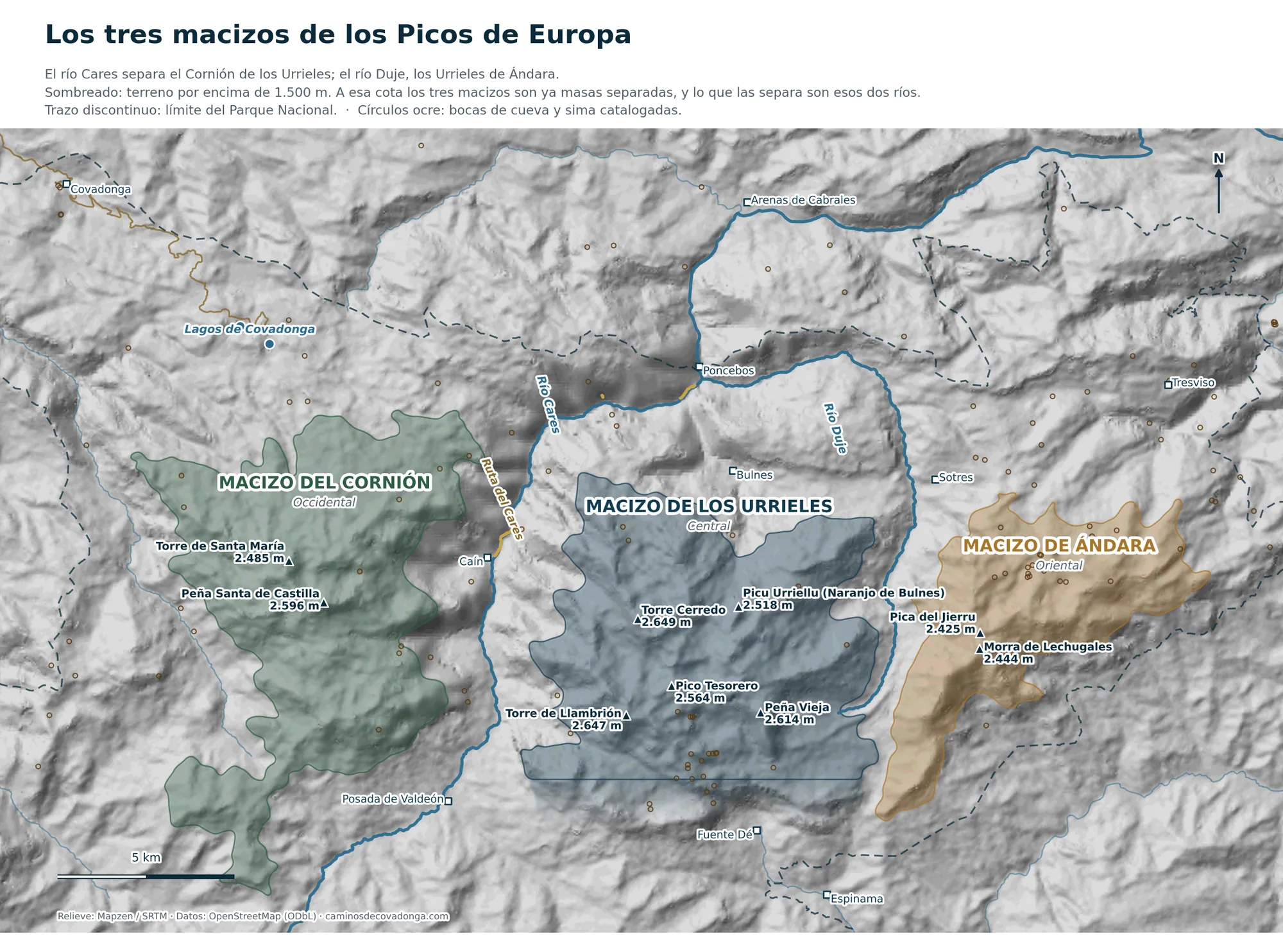 Mapa del relieve de los Picos de Europa con los macizos del Cornión, los Urrieles y Ándara separados por los ríos Cares y Duje
